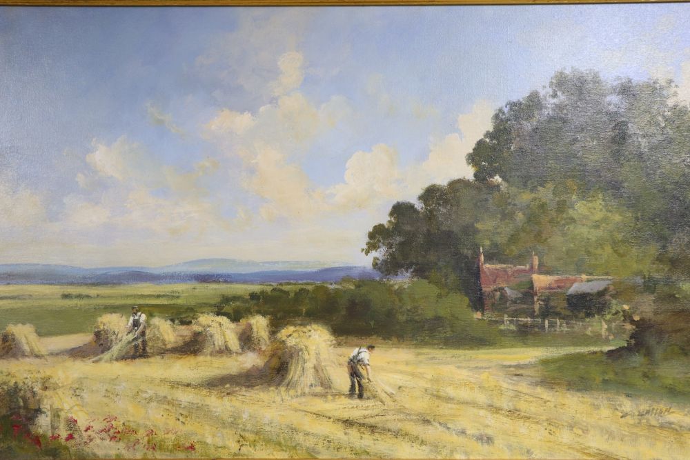 English School, oil on canvas, Harvesters in a landscape, indistinctly signed, 40 x 75cm